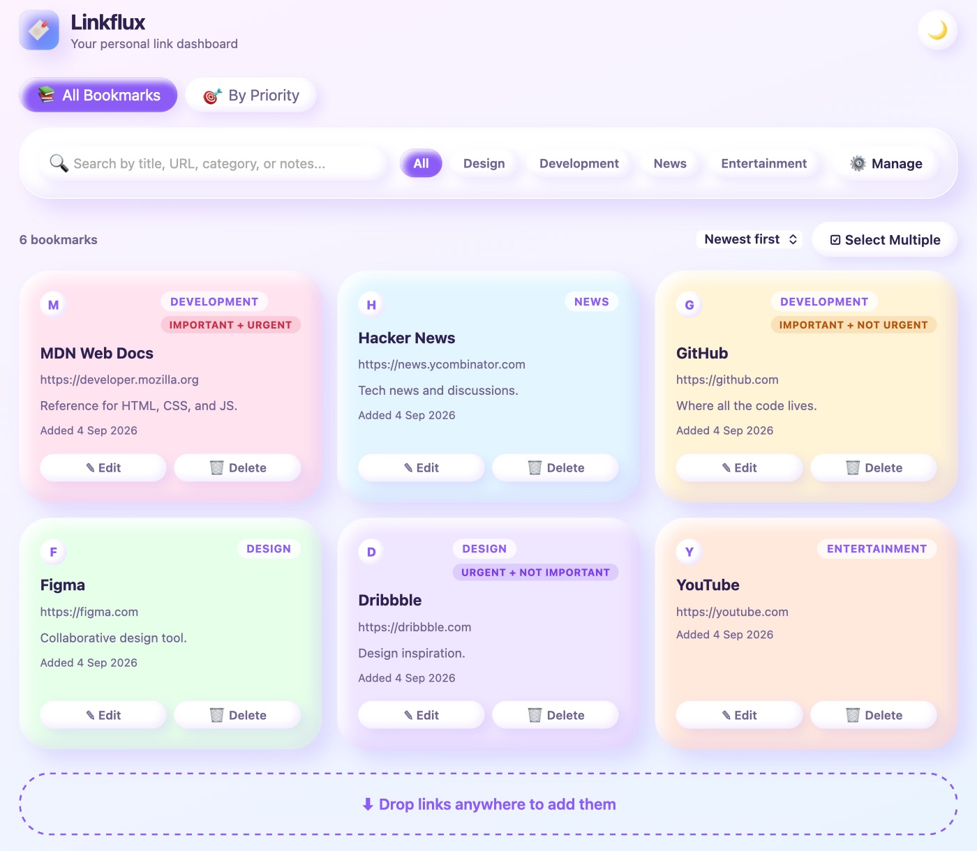 Linkflux showing colourful bookmark cards sorted by category, with a search box